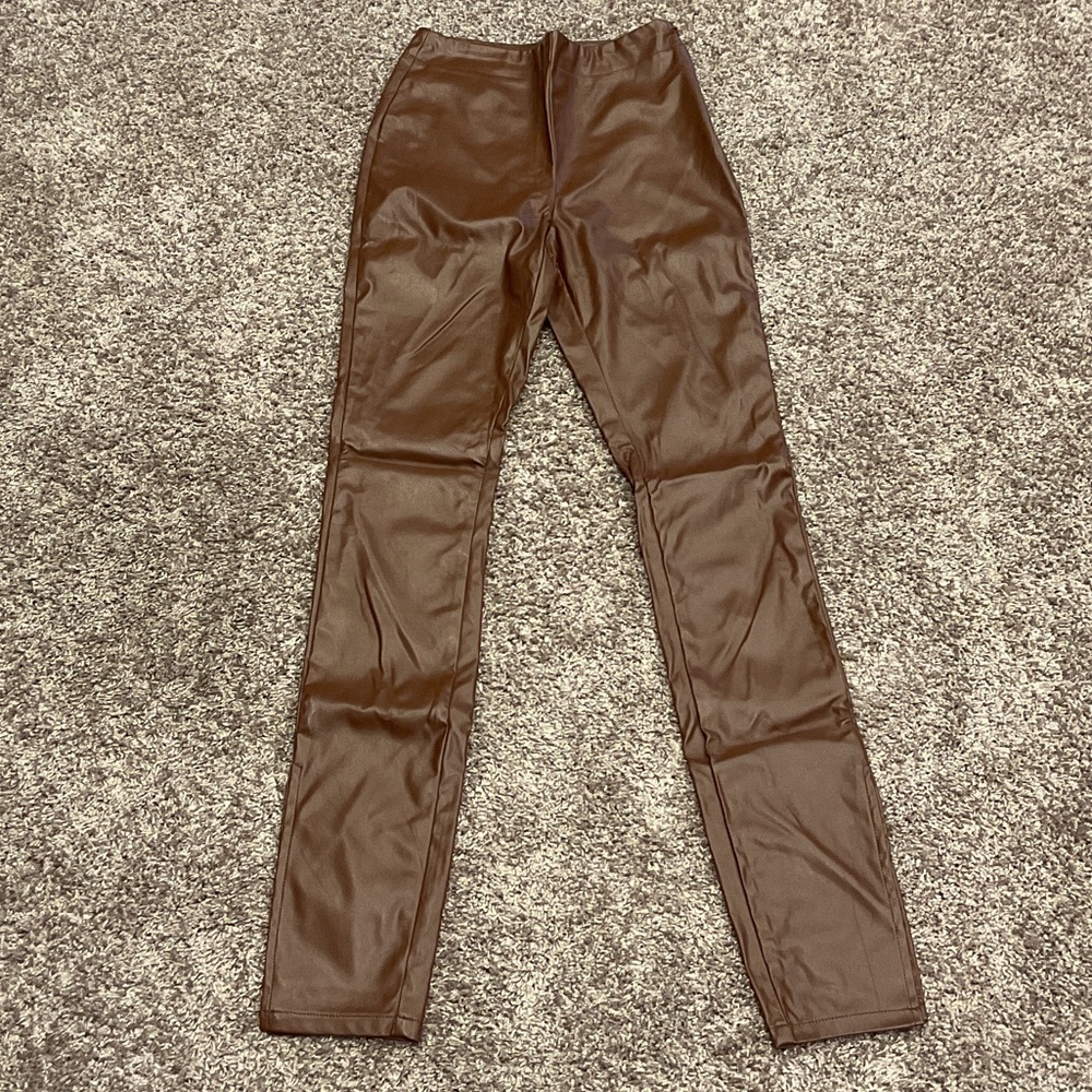 Brown Skinny Faux Leather Pants, Size S